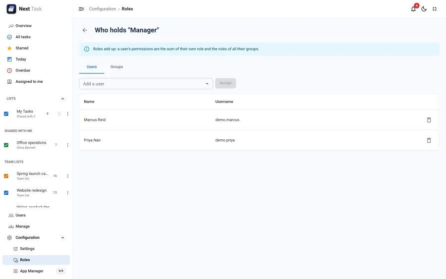 The assignments of the Manager role, with tabs for users and groups