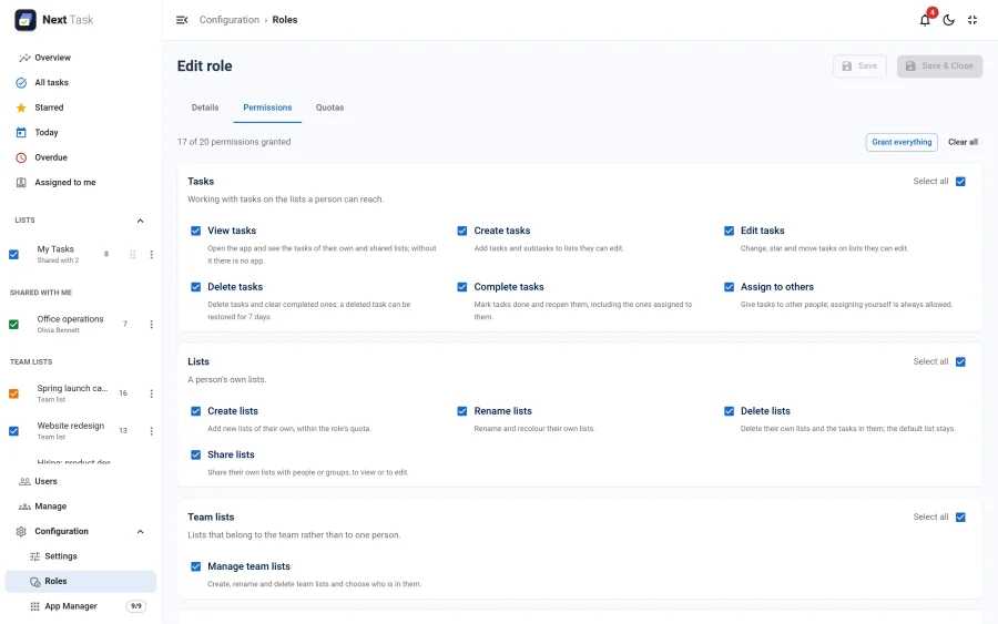 The Permissions tab of the Manager role: tasks, lists, team lists, overview, users and manage ticked, configuration not