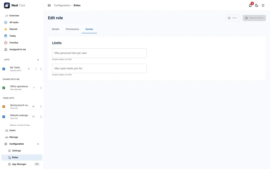 The Quotas tab of the Member role with the maximum personal lists per user and the maximum open tasks per list