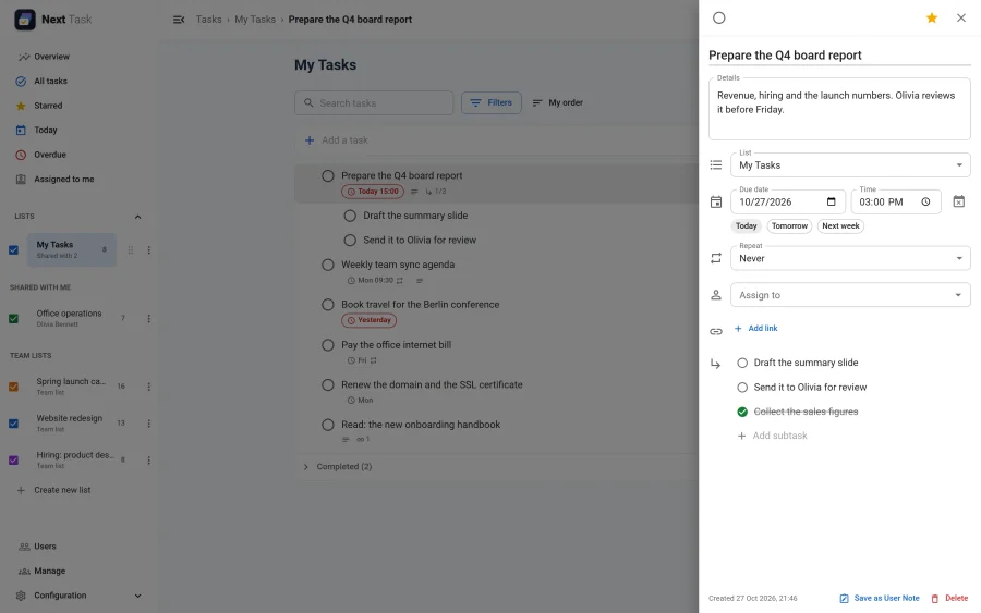The task drawer with details, a due date and time, repeat, assignee, links and subtasks