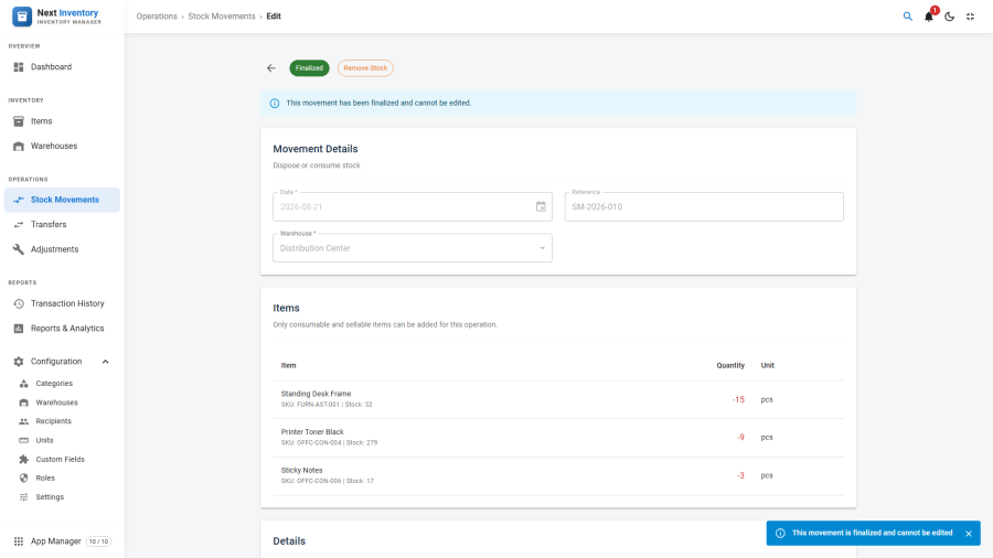 Stock movement edit page with line items