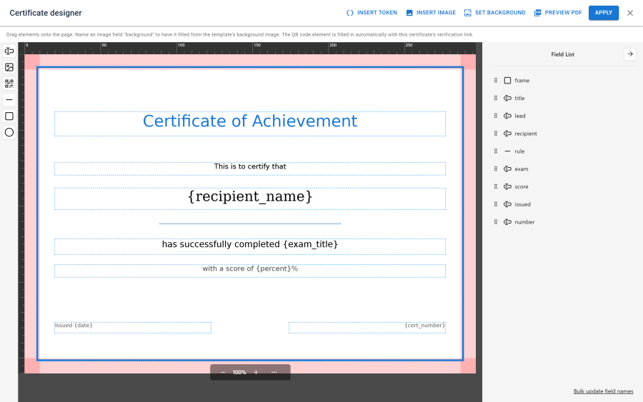The certificate designer, showing a drag-and-drop canvas with the certificate background, positioned text elements for the recipient name, exam title and date, a QR code element, and a properties panel for the selected element