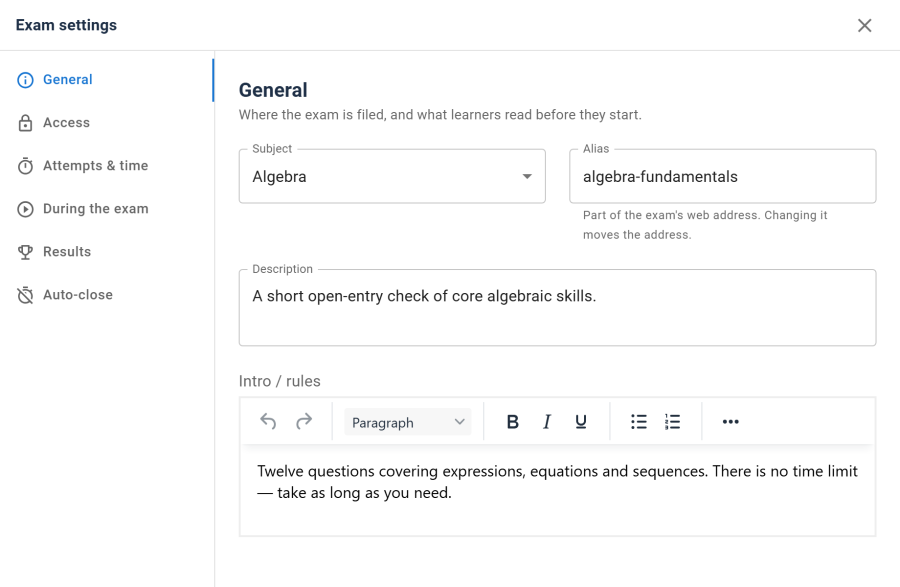 The Exam settings panel open on General: the six panels listed on the left, and the subject, the alias that forms the exam's web address, the description and the introduction on the right