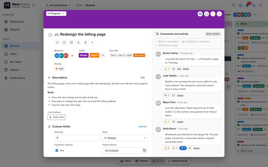 The card window with members, labels, a due date, a description, custom fields and the comments column