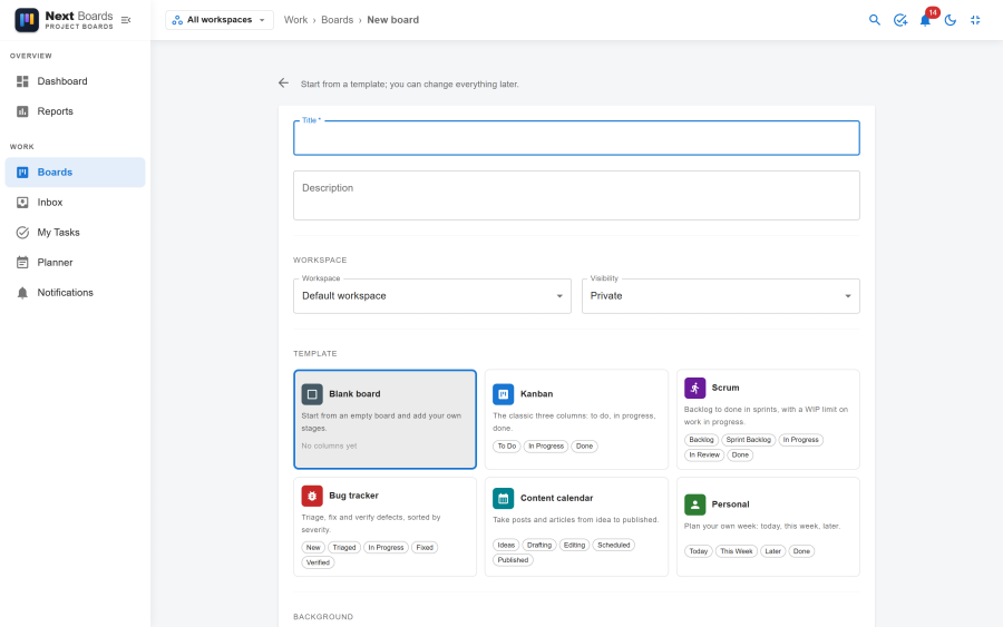 The new board page with the template picker, the title field, the background choices and the workspace and visibility fields
