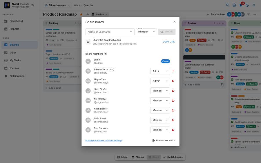 The Share dialog with the invite field, the list of members and their roles